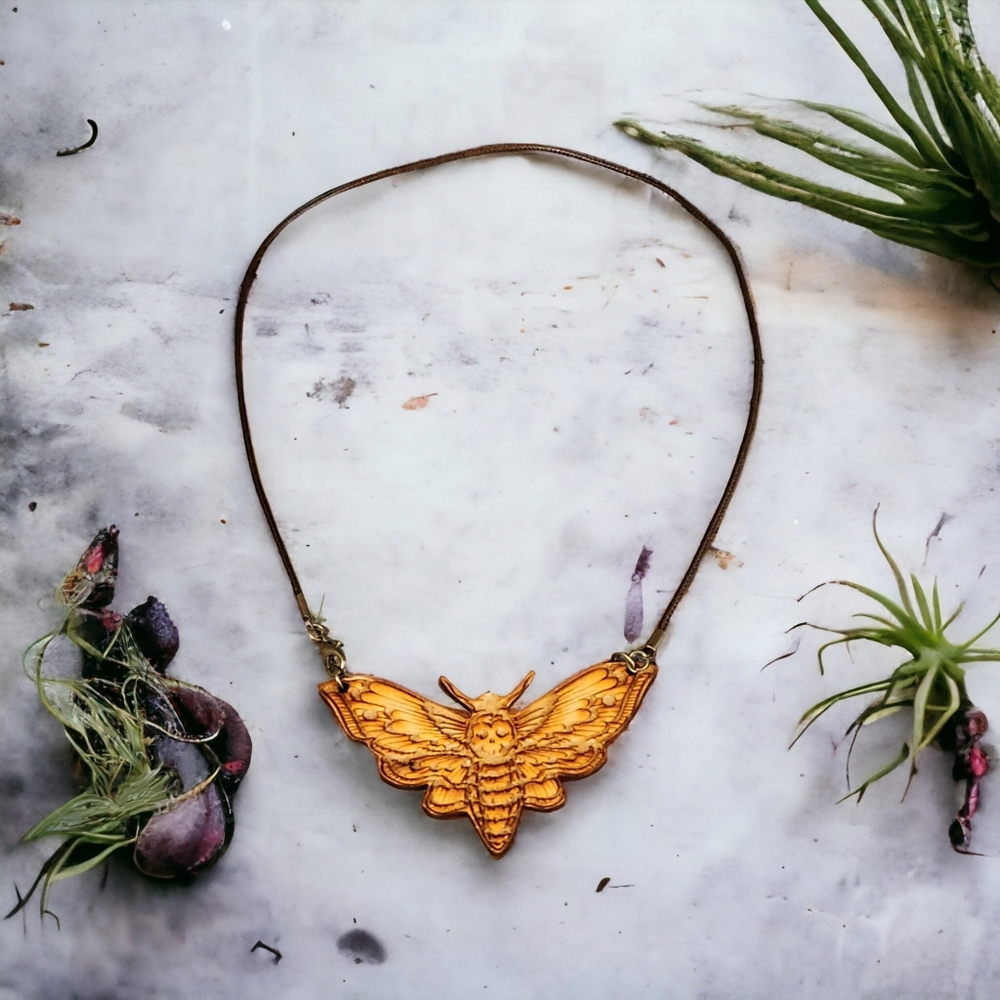 Deaths Head Moth Carved and burned necklace